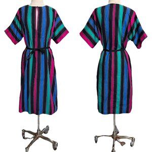 70s 80s vintage striped hippy dress caftan coverup cotton relaxed loose belt.